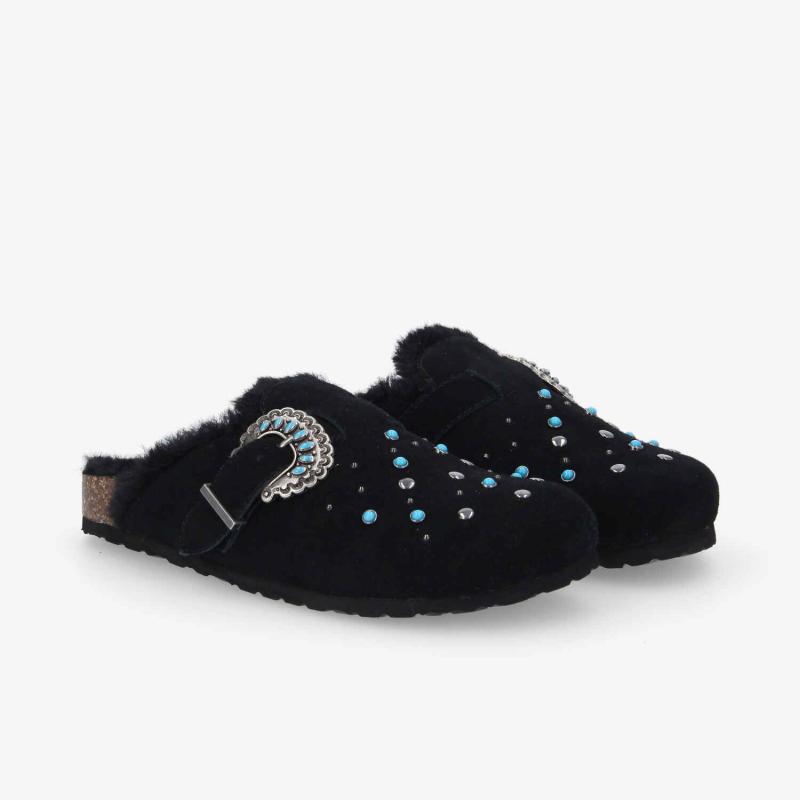 PALOMA CLOG W - SUEDE/FUR/RIVET -  NOIR/BLEU TURQUOISE